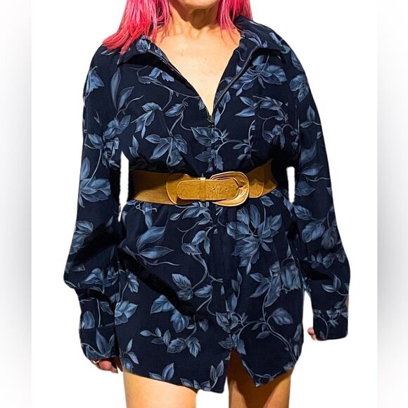 Vintage Blue Floral Print Shirt Mini Dress - Picture 1 of 13